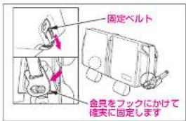固定ベルト 金具をフックにかけて 検実に固定します