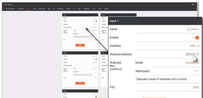 Input 1 Name ip_input1 Enable eth1 Interface Multicast address 225.0.0.11 Multicast filter mode exclu... (IGMPv3) Addresses* NLA *Separate multiple IP addresses with a comma. Port 1000