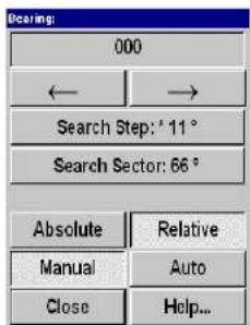 Bearing: 000 ← → Search Step: '11° Search Sector: 66° Absolute Relative Manual Auto Close Help...