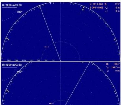 R: 2000 m/G:30 +00° N 00° 0.000 B: 117° E 000° 8.000 0 m ↓ 0 m R: 2000 m/G:30 +00° B: 054° ↓ 1547 m ↓ 0 m