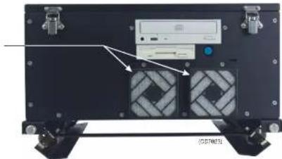 Back panel of a device with labeled ports and internal components, showing Chinese text annotations