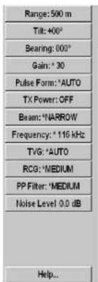 Range: 500 m Tilt: +40° Bearing: 000° Gain: * 30 Pulse Form: *AUTO TX Power: OFF Beam: *NARROW Frequency: * 116 kHz TVG: *AUTO RCG: *MEDIUM PP Filter: *MEDIUM Noise Level 0.0 dB Help...