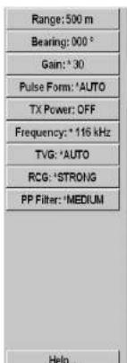 Range: 500 m Bearing: 000 ° Gain: * 30 Pulse Form: *AUTO TX Power: OFF Frequency: * 116 kHz TVG: *AUTO RCG: *STRONG PP Filter: *MEDIUM Help...