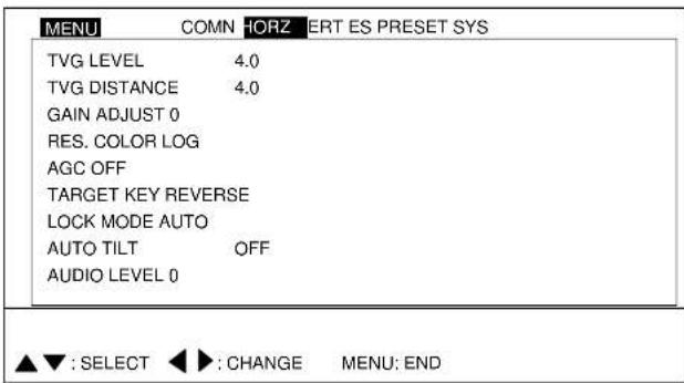 MENU COMN HORZ ERT ES PRESET SYS TVG LEVEL 4.0 TVG DISTANCE 4.0 GAIN ADJUST 0 RES. COLOR LOG AGC OFF TARGET KEY REVERSE LOCK MODE AUTO AUTO TILT OFF AUDIO LEVEL 0 ▲▼ : SELECT ◀► : CHANGE MENU: END