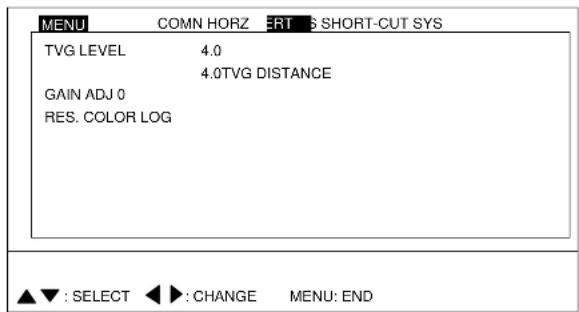 MENU COMN HORIZ ERT S SHORT-CUT SYS TVG LEVEL 4.0 4.0TVG DISTANCE GAIN ADJ 0 RES. COLOR LOG ▲▼ : SELECT ▶: CHANGE MENU: END