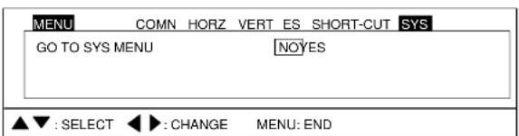 MENU COMN HORZ VERT ES SHORT-CUT SYS GO TO SYS MENU NO YES ▲▼ : SELECT ◀️ : CHANGE MENU: END