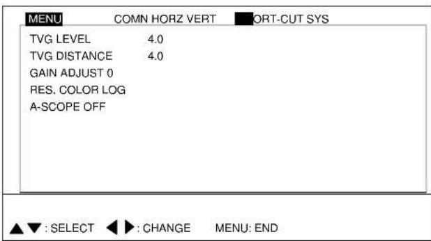 MENU COMN HORZ VERT ORT-CUT SYS TVG LEVEL 4.0 TVG DISTANCE 4.0 GAIN ADJUST 0 RES. COLOR LOG A-SCOPE OFF ▲▼ : SELECT ◀► : CHANGE MENU: END