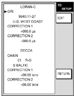 LORAN-C GRI 9940:11-27 U.S. WEST COAST CORRECTION 1 +000.0 µs CORRECTION 2 +000.0 µs DECCA CHAIN 01 R-G S BALTIC CORRECTION 1 +00.00 lane CORRECTION 2 +00.00 lane TD SETUP EDIT RETURN