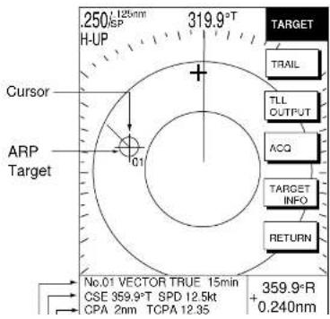250°125nm H-UP 319.9°T Cursors ARP Target 01 TARGET TRAIL TLL OUTPUT ACQ TARGET INFO RETURN No.01 VECTOR TRUE 15min CSE 359.9°T SPD 12.5kt CPA 2nm TCPA 12.35 359.9°R +0.240nm