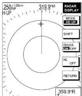 250k 125nm H-UP 319.9°M RADAR DISPLAY MODE HD UP SHIFT RINGS ON OFF HL OFF RETURN 359.9°R