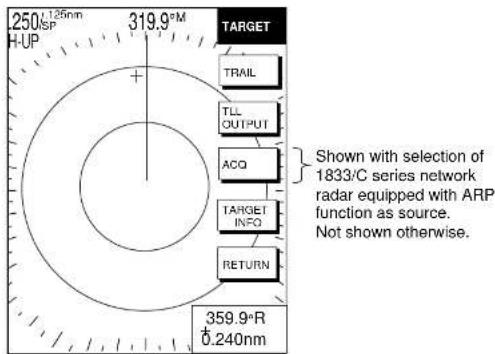 250Ω 125nm H-UP 319.9°M TARGET TRAIL TLL OUTPUT ACQ TARGET INFO RETURN 359.9°R 0.240nm Shown with selection of 1833/C series network radar equipped with ARP function as source. Not shown otherwise.