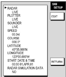 RADAR LIVE PLOTTER LIVE SOUNDER LIVE SPEED 00.0kt COURSE 000.0° LATITUDE 45°35.000'N LONGITUDE 123°00.000'W START DATE & TIME 00:00 01.APR.01 RADAR SIMULATION DATA NO SIM SETUP EDIT RETURN