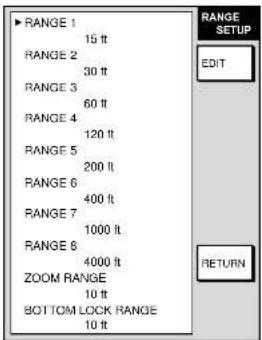 RANGE 1 15 ft RANGE 2 30 ft RANGE 3 60 ft RANGE 4 120 ft RANGE 5 200 ft RANGE 6 400 ft RANGE 7 1000 ft RANGE 8 4000 ft ZOOM RANGE 10 ft BOTTOM LOCK RANGE 10 ft RANGE SETUP EDIT RETURN