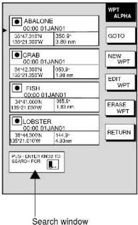 ABALONE 00:00 01JAN01 55*47.012N 350.3" 135*21.008W 3.90 nm CRAB 00:00 01JAN01 34*42.008N 053.3" 135*21.058W 1.98 nm FISH 00:00 01JAN01 34*41.000N 965.9" 135*21.030W 1.83 nm LOBSTER 00:00 01JAN01 34*44.300N 144.3" 135*21.070W 4.30nm PLS UNIT1 NO3 TO SEARCH FOR Search window WPT ALPHA GOTO NEW WPT EDIT WPT ERASE WPT RETURN