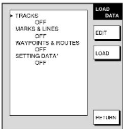TRACKS OFF MARKS & LINES OFF WAYPOINTS & ROUTES OFF SETTING DATA' OFF LOAD DATA EDIT LOAD RETURN