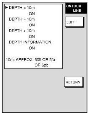 DEPTH < 10m ON DEPTH = 10m ON DEPTH > 10m ON DEPTH INFORMATION ON 10m: APPROX. 30ft OR 5fa OR 6pb CNTOUR LINE EDIT RETURN