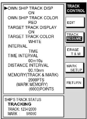 ▶ OWN SHIP TRACK DISP ON OWN SHIP TRACK COLOR RED TARGET TRACK DISPLAY ON TARGET TRACK COLOR WHITE INTERVAL TIME TIME INTERVAL 00m10s DISTANCE INTERVAL 00.10nm MEMORY(TRACK & MARK) 2000PTS (MARK MEMORY) (6000)POINTS SHIP'S TRACK STATUS TRACKING TRACK: 1234/2000 MARK : 9/6000 TRACK CONTROL EDIT TRACK RESUME ERASE T & M MARK SETUP RETURN