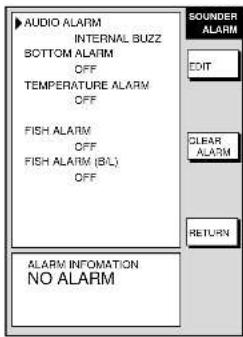 AUDIO ALARM INTERNAL BUZZ BOTTOM ALARM OFF TEMPERATURE ALARM OFF FISH ALARM OFF FISH ALARM (B/L) OFF SOUNDER ALARM EDIT CLEAR ALARM RETURN ALARM INFORMATION NO ALARM
