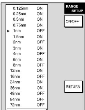 0.125nm ON 0.25nm ON 0.5nm ON 0.75nm ON ▶ 1nm OFF 1.5nm ON 2nm OFF 3nm ON 4nm OFF 6nm ON 8nm OFF 12nm ON 16nm OFF 24nm ON 36nm ON 48nm OFF 64nm OFF 72nm OFF RANGE SETUP ON/OFF RETURN