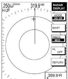 250.125nm H-UP 319.9°M RADAR DISPLAY MODE HD UP SHIFT RINGS MED HL OFF RETURN 359.9°R