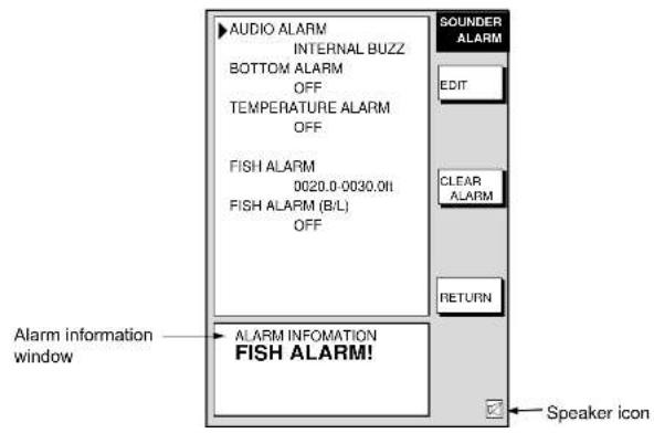 AUDIO ALARM INTERNAL BUZZ BOTTOM ALARM OFF TEMPERATURE ALARM OFF FISH ALARM 0020.0-0030.0II FISH ALARM (B/L) OFF SOUNDER ALARM EDIT CLEAR ALARM RETURN Alarm information window ALARM INFORMATION FISH ALARM! Speaker icon