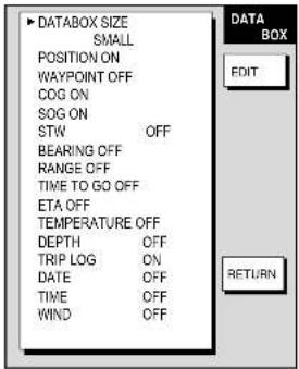 DATABOX SIZE SMALL POSITION ON WAYPOINT OFF COG ON SOG ON STW OFF BEARING OFF RANGE OFF TIME TO GO OFF ETA OFF TEMPERATURE OFF DEPTH OFF TRIP LOG ON DATE OFF TIME OFF WIND OFF