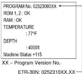 PROGRAM No. 02523060XX ROM 1, 2 : OK RAM : OK TEMPERATURE : 77°F DEPTH : 4000ft Machine Status +115 XX = Program Version No. ETR-30N: 0252310XX.XX