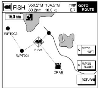 FISH 359.2°M 104.5°M TRIP 83.2mm 10.0 kt 0.7 GOTO ROUTE 16.0 nm WPT002 WPT001 FISH CRAB C GOTO WPT D RIVERSE ROUTE RETURN