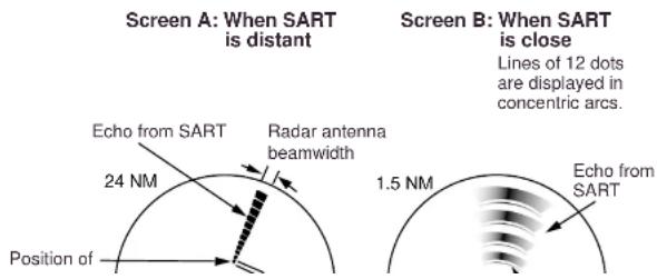 Screen A: When SART is distant Echo from SART 24 NM Radar antenna beamwidth Position of Screen B: When SART is close Lines of 12 dots are displayed in concentric arcs. 1.5 NM Echo from SART