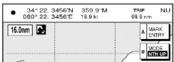 34° 22. 3456'N 359.9"M TRIP NU 080° 22. 3456'E 19.9 kt 99.9 nm 16.0nm A MARK ENTRY B MODE NTH UP