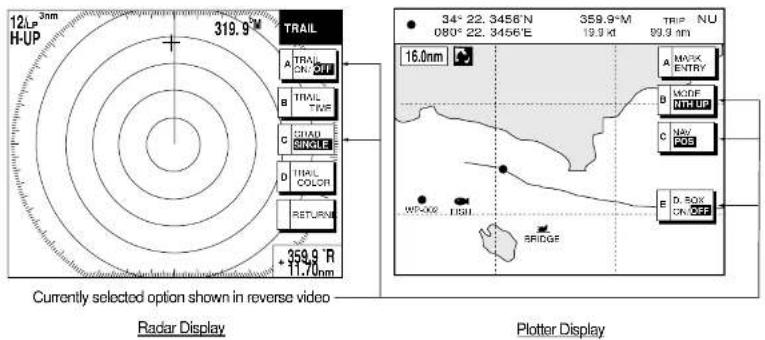 12Lp 3nm H-UP 319.9°M TRAIL A TRAIL ON-OFF B TRAIL TIME C CHAD SINGLE D TRAIL COLOR RETURN +359.9°R 11.70nm Currently selected option shown in reverse video Radar Display Plotter Display 34° 22. 3456°N 359.9°M TRIP NU 080° 22. 3456°E 19.9 xt 90.9 nm 16.0nm A MARK ENTRY B MDEF KTHUP C NAV FOR E D-BOX ON-OFF WKS-XX LISH BRIDGE