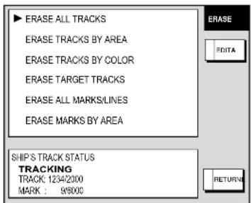 ▶ ERASE ALL TRACKS ERASE TRACKS BY AREA ERASE TRACKS BY COLOR ERASE TARGET TRACKS ERASE ALL MARKS/LINES ERASE MARKS BY AREA SHIP'S TRACK STATUS TRACKING TRACK: 1234/2000 MARK : 95000 ERASE EDITA RETURN