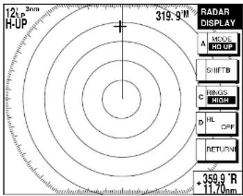 12k H-UP 319.9° RADAR DISPLAY A MODE HD UP SHIFTB C RINGS HIGH D HL OFF RETURN +359.9° R 11.70nm