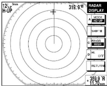 12' LP H-UP 3nm 319.9° RADAR DISPLAY A MOOF HD UP SHIFT B C RINGS HIGH HL OFF D RETURN + 359.9 °R 11.70 nm