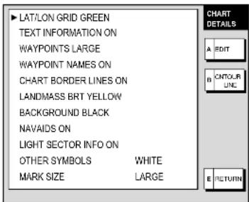 LAT/LON GRID GREEN TEXT INFORMATION ON WAYPOINTS LARGE WAYPOINT NAMES ON CHART BORDER LINES ON LANDMASS BRT YELLOW BACKGROUND BLACK NAVAIDS ON LIGHT SECTOR INFO ON OTHER SYMBOLS WHITE MARK SIZE LARGE CHART DETAILS A EDIT B CNTOUR LINE E RETURN