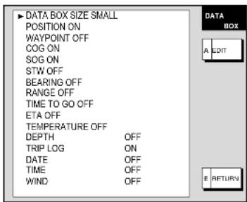 DATA BOX SIZE SMALL POSITION ON WAYPOINT OFF COG ON SOG ON STW OFF BEARING OFF RANGE OFF TIME TO GO OFF ETA OFF TEMPERATURE OFF DEPTH OFF TRIP LOG ON DATE OFF TIME OFF WIND OFF