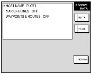 HOST NAME PLOT1 --- MARKS & LINES OFF WAYPOINTS & ROUTES OFF RECEIVE DATA EDITA PCVB RETURN