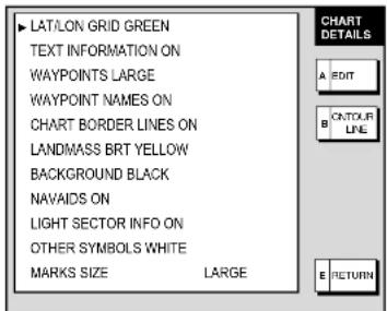 LAT/LON GRID GREEN TEXT INFORMATION ON WAYPOINTS LARGE WAYPOINT NAMES ON CHART BORDER LINES ON LANDMASS BRT YELLOW BACKGROUND BLACK NAVAIDS ON LIGHT SECTOR INFO ON OTHER SYMBOLS WHITE MARKS SIZE LARGE CHART DETAILS A EDIT B CNTOUR LINE E RETURN