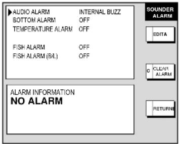 AUDIO ALARM INTERNAL BUZZ BOTTOM ALARM OFF TEMPERATURE ALARM OFF FISH ALARM OFF FISH ALARM (B/L) OFF SOUNDER ALARM EDITA CLEAR ALARM ALARM INFORMATION NO ALARM RETURN