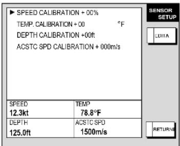 SPEED CALIBRATION + 00% TEMP. CALIBRATION + 00 °F DEPTH CALIBRATION +00ft ACSTC SPD CALIBRATION + 000m/s SPEED 12.3kt TEMP 78.8°F DEPTH 125.0ft ACSTC SPD 1500m/s RETURN SENSOR SETUP LUTA RETURN