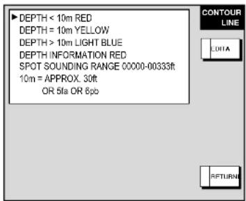 DEPTH < 10m RED DEPTH = 10m YELLOW DEPTH > 10m LIGHT BLUE DEPTH INFORMATION RED SPOT SOUNDING RANGE 00000-00333ft 10m = APPROX. 30ft OR 5fa OR 8pb CONTOUR LINE LUTA RETURN