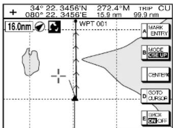 + 34° 22.3456'N 272.4"M TRIP CU 080° 22.3456'E 15.9 nm 99.9 nm 16.0nm WPT 001 A MARK ENTRY B MODE CSE UP C CENTER D GOTO CURSOR E TRACK ON/OFF