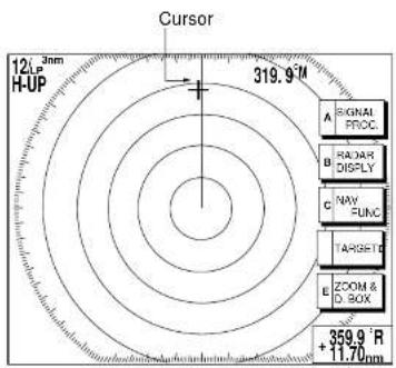 124.5nm H-UP Cursor 319.97M A RONAL PROC B RADAR DISPLAY C NAV FUNC E TARGET ZOOM & D. BOX + 359.9 °R + 11.70nm