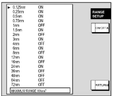 0.125nm ON 0.25nm ON 0.5nm ON 0.75nm ON 1nm OFF 1.5nm ON 2nm OFF 3nm ON 4nm OFF 6nm ON 8nm OFF 12nm ON 16nm OFF 24nm ON 36nm OFF 48nm OFF 64nm OFF 72nm OFF MAXIMUM RANGE Xmm* RANGE SETUP ON/OFFA RETURN