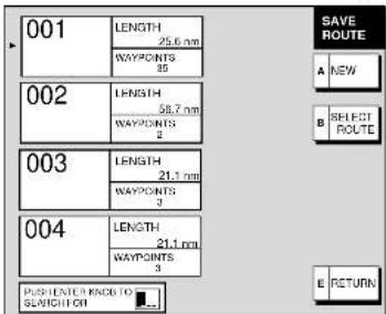 001 LENGTH 25.6 nm WAYPOINTS 85 002 LENGTH 58.7 nm WAYPOINTS 2 003 LENGTH 21.1 nm WAYPOINTS 3 004 LENGTH 21.1 nm WAYPOINTS 3 PUSHENTER KNOO TO SWITCH ON SAVE ROUTE A NEW B SHIFT ROUTE E RETURN
