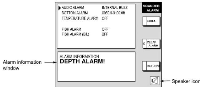 AUDIO ALARM INTERNAL BUZZ BOTTOM ALARM 0050.0-3100.0ft TEMPERATURE ALARM OFF FISH ALARM OFF FISH ALARM (B/L) OFF SOUNDER ALARM EDITA CLEAVI ALARM RETURING ALARM INFORMATION DEPTH ALARM! Speaker icon Alarm information window