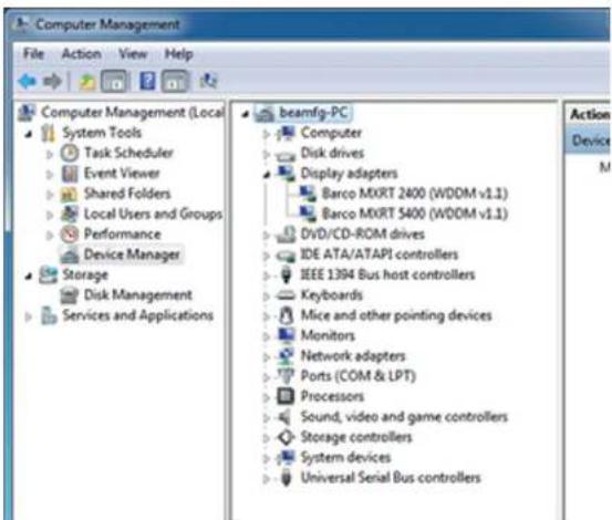 Computer Management File Action View Help Computer Management (Local System Tools Task Scheduler Event Viewer Shared Folders Local Users and Groups Performance Device Manager Storage Disk Management Services and Applications beamfig-PC Computer Disk drives Display adapters Barco MXRT 2400 (WDDM v1.1) Barco MXRT 5400 (WDDM v1.1) DVD/CD-ROM drives IDE ATA/ATAPI controllers IEEE 1394 Bus host controllers Keyboards Mice and other pointing devices Monitors Network adapters Ports (COM & LPT) Processors Sound, video and game controllers Storage controllers System devices Universal Serial Bus controllers