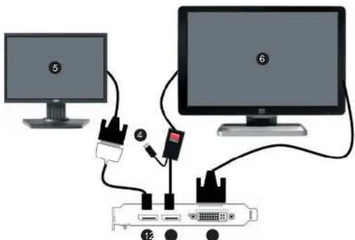 Diagram showing connections between two computer monitors and a network device, labeled with numbers 12 and 5.