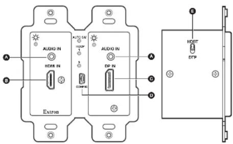 AUDIO IN HORN IN Extron AUDIO IN DP IN 3 2 DIP A B C D E HOST DTP