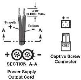 3/16" (5 mm) Max. Smooth Ridges A A + - SECTION A-A Power Supply Output Cord Captive Screw Connector